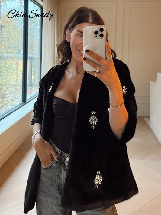 Jewelry Fur Coat Winter Black Plush O-neck Long Sleeve Loose Jacket Female Warm Thicken Lady Overcoat