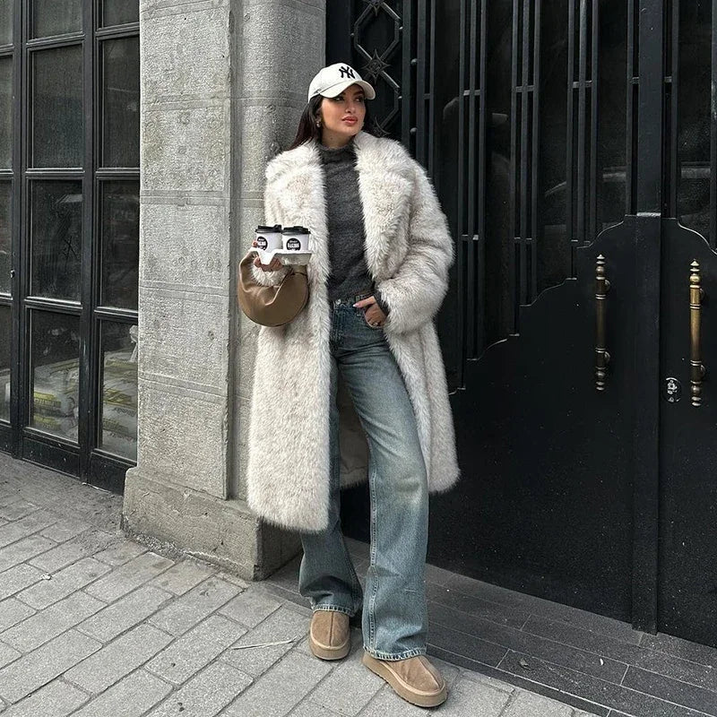 Slouchy Gradient Long Eco Faux Fur Coat Winter Thick Warm Fluffy Fox Fur Jacket Brand Overcoat
