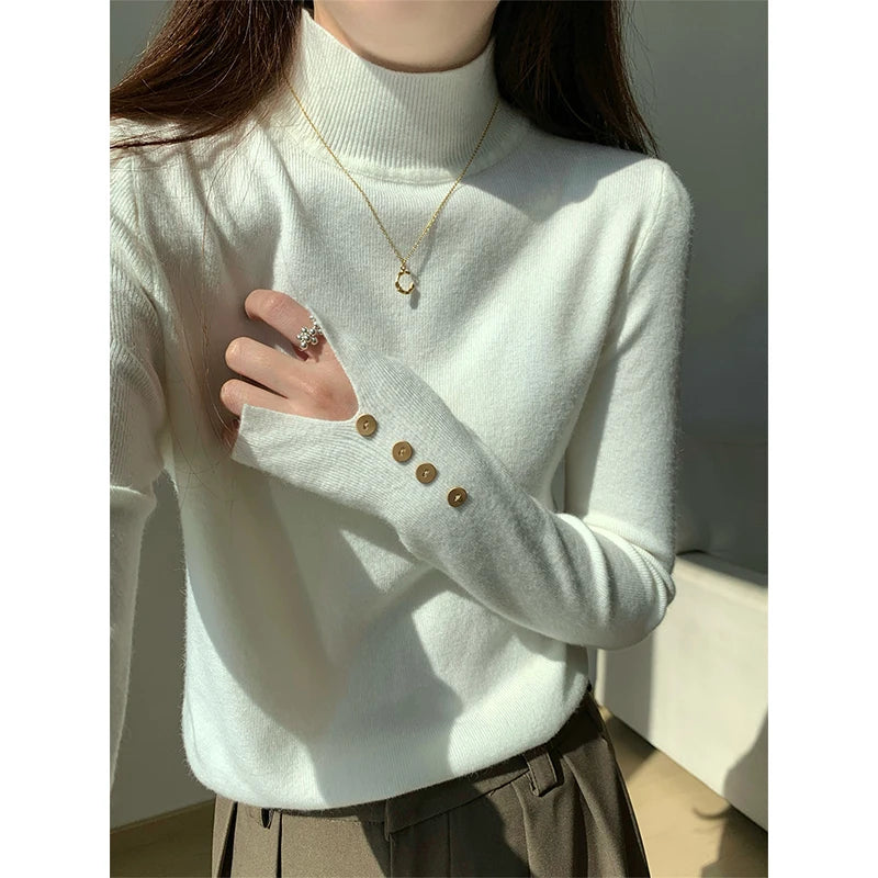 Half Turtleneck Sweater Korean Black Knitted Pullover Long Sleeve Knitwear Fall Winter Buttons Slim Jumpers