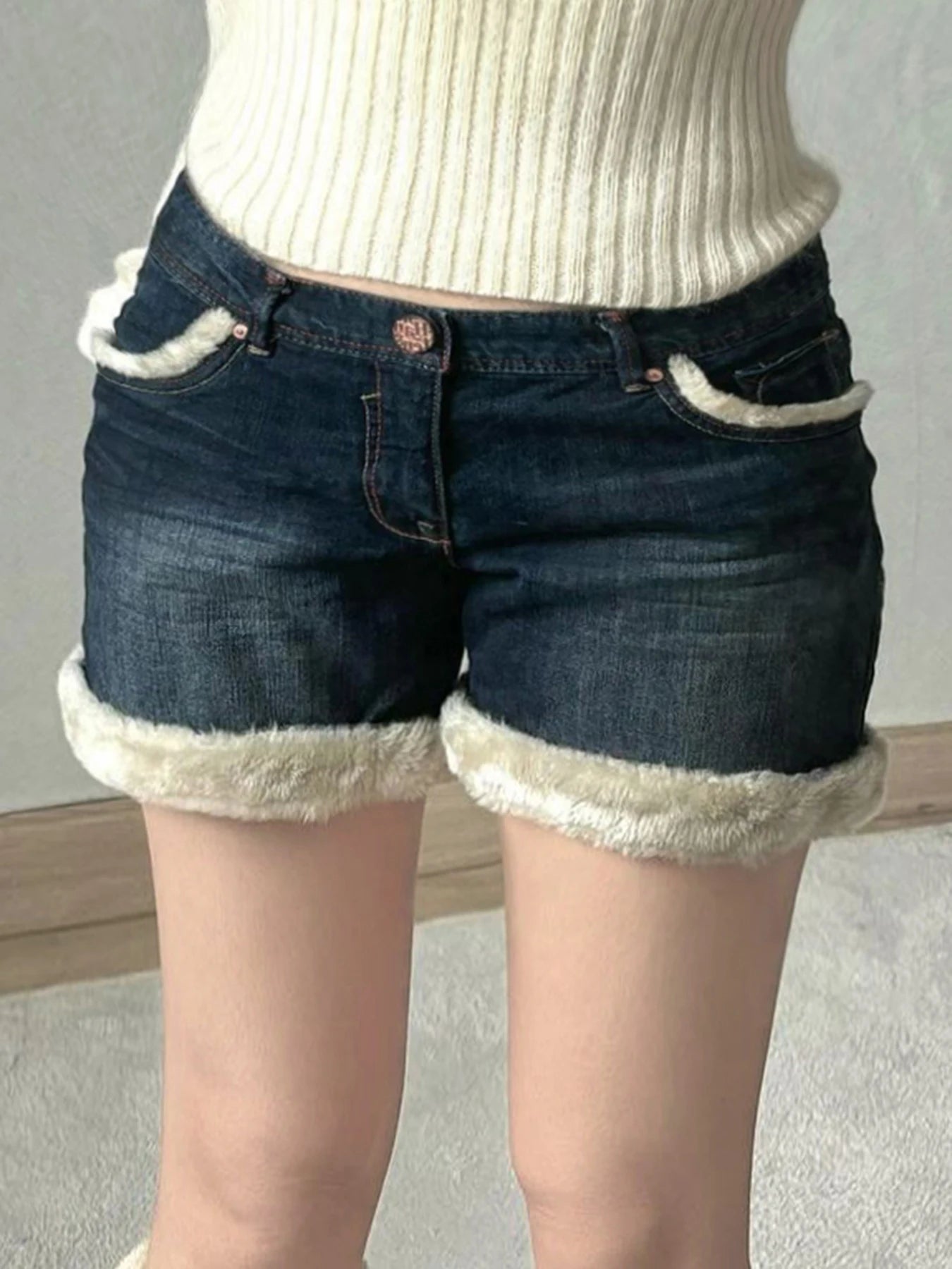 Kawaii Fluffy Trim Mini Jeans Gentle Sweet Style Pants All-match Blue Short Design