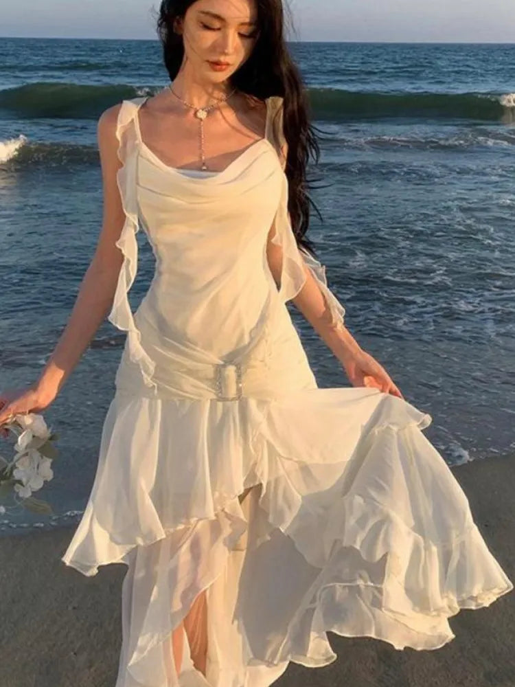 Backless Slip Dresses Summer New Asymmetrical Ruffles Holiday Beach Party Club Split Long Dress