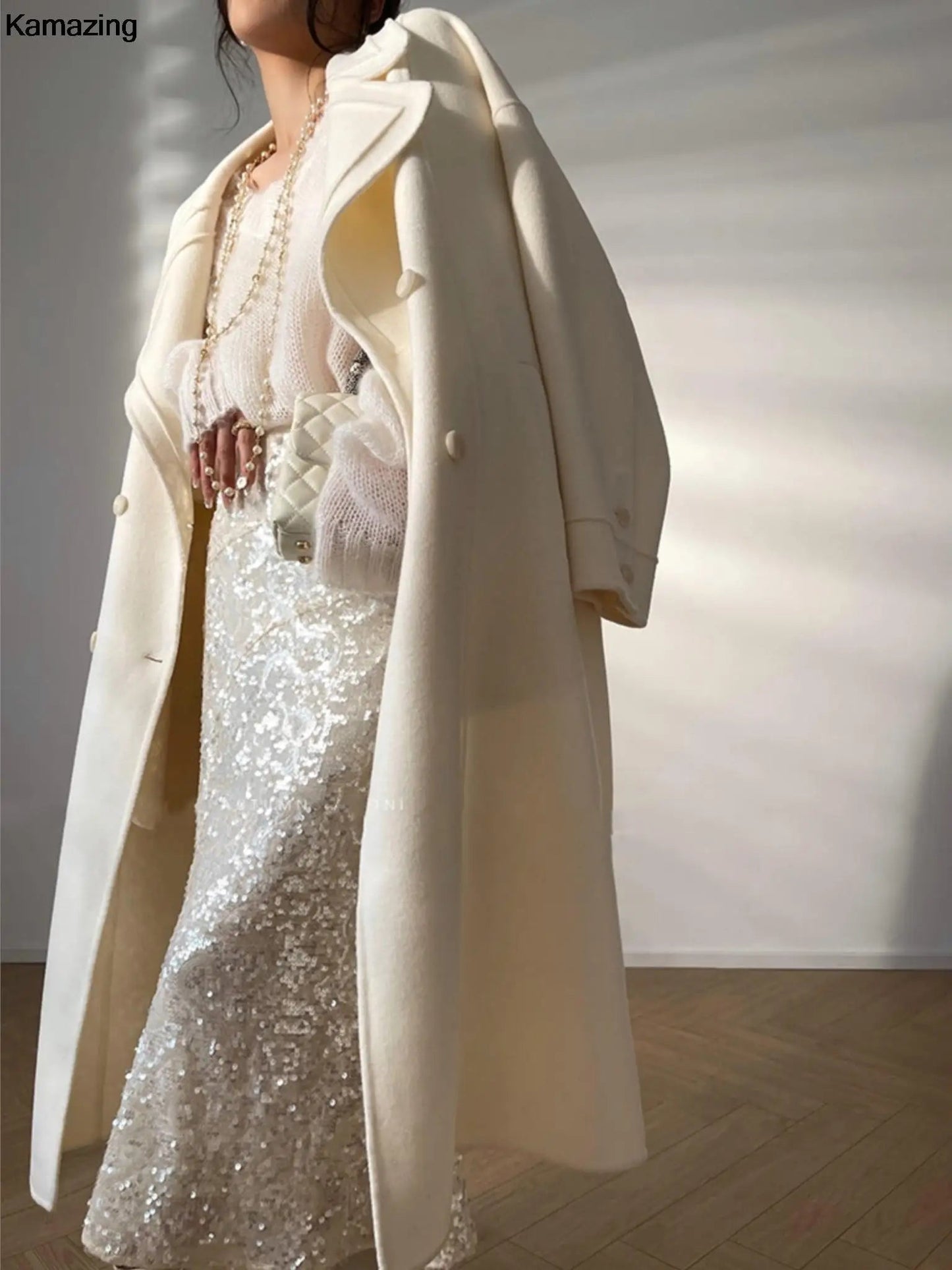 New Woolen Long Coat Spring Warm Double Breasted Lapel Overcoat With Belt Female
