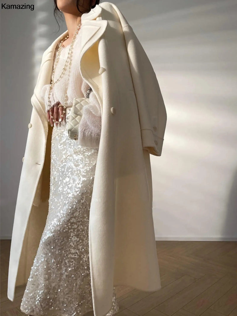New Woolen Long Coat Spring Warm Double Breasted Lapel Overcoat With Belt Female
