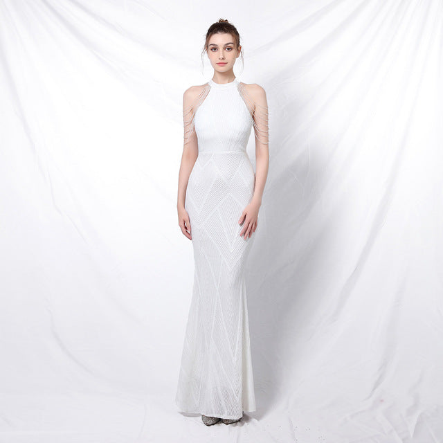 Halter Neck Sequined Evening Dresses Crystal Tassel Hip Skirt Sleeveless Rhinestone Decoration Long Dress