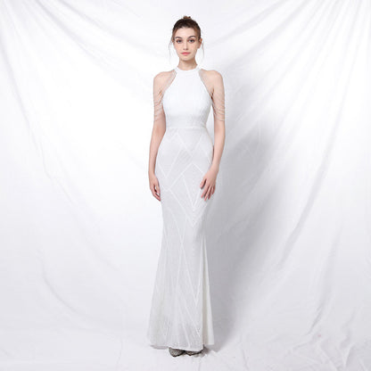 Halter Neck Sequined Evening Dresses Crystal Tassel Hip Skirt Sleeveless Rhinestone Decoration Long Dress
