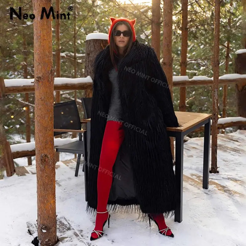 Long Eco Turkey Fur Coat Winter Tassels Faux Fur Jacket Thick Warm Fluffy Outerwear Overcoat