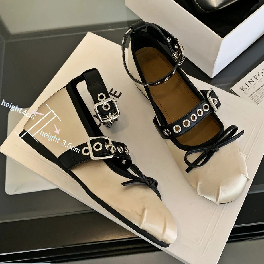 Rivet Ballerina Shoes Flat Designer Mules Shoes Fashions Round Toe Skeleton Ballet Shoes Metal Decoration Mary Jane Pumps