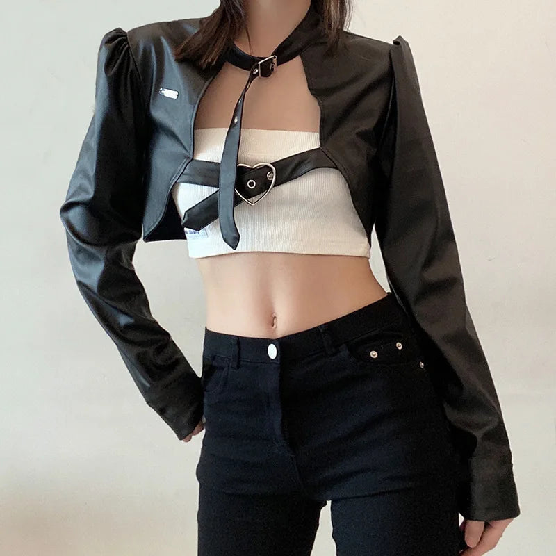 Punk Style Buckles Black Pu Leather Jacket Spring Autumn Smock Cropped Coat Cardigan Outfits