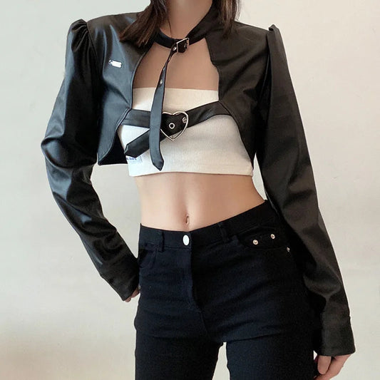 Punk Style Buckles Black Pu Leather Jacket Spring Autumn Smock Cropped Coat Cardigan Outfits