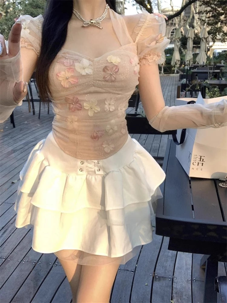 Shirts Flowers Lace Patchwork Bandage Suqare Collar Slim Short Sleeve Sweet Blouse Sweet Crop Tops