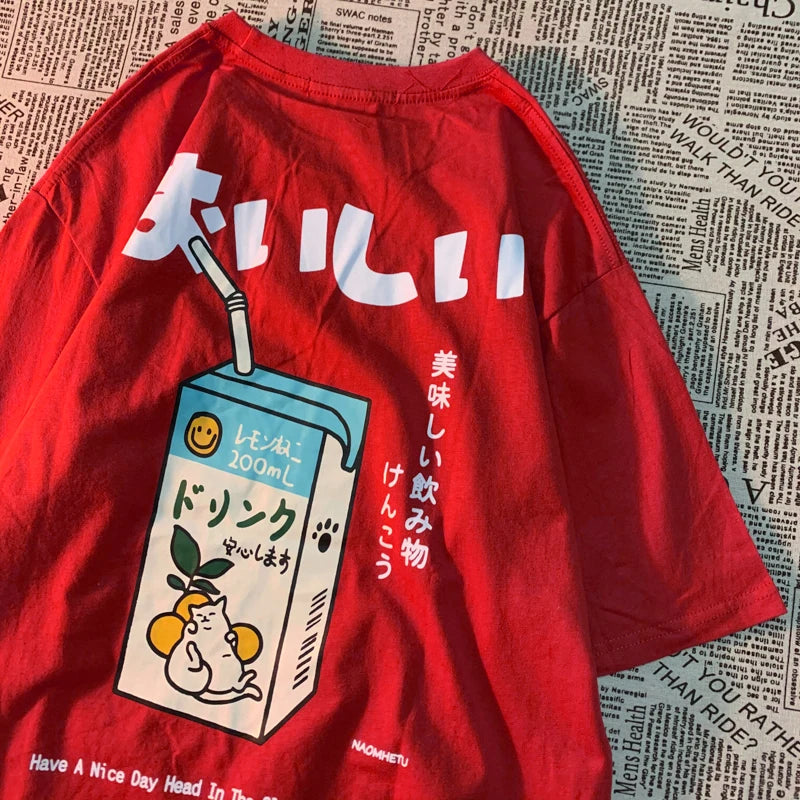 Japanese Cat Print Oversized T-shirt Short Sleeve Loose Tee Shirt Tops Cotton Harajuku Clothing