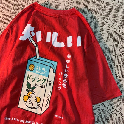 Japanese Cat Print Oversized T-shirt Short Sleeve Loose Tee Shirt Tops Cotton Harajuku Clothing