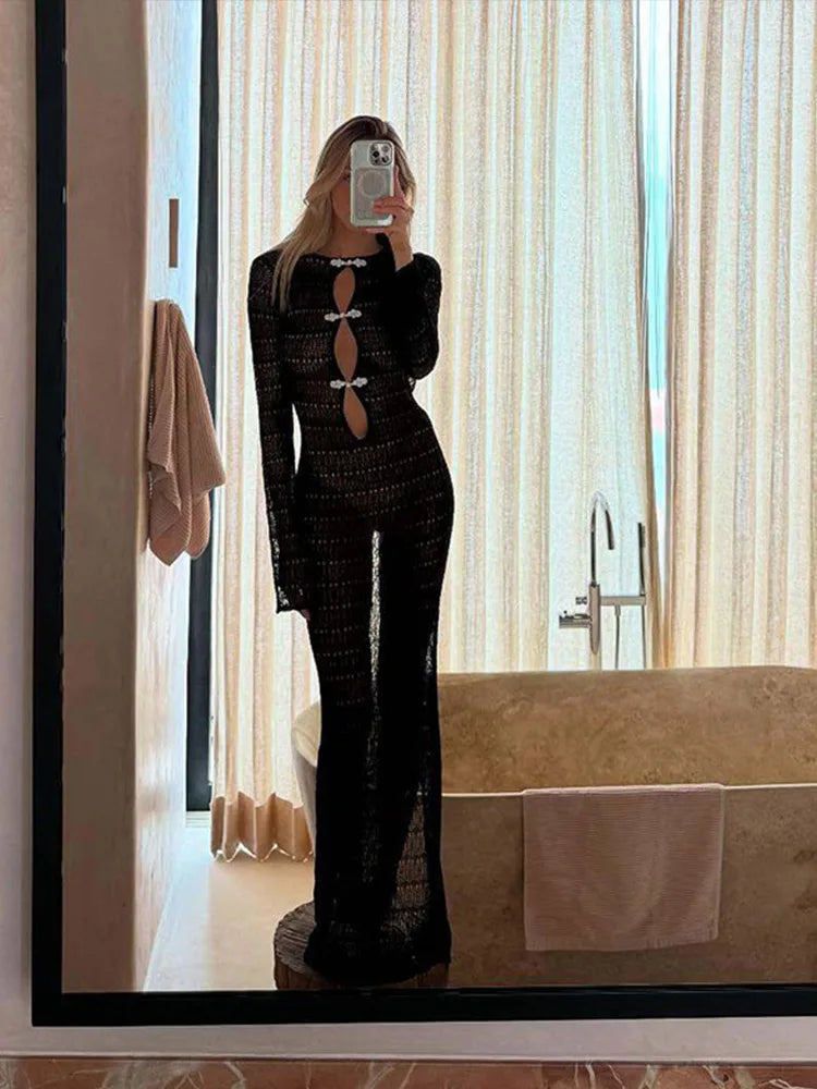 Hollow Out Knitted Long Dress Backless Long Sleeve Slim Maxi Dresses Female Party Beach Holiday