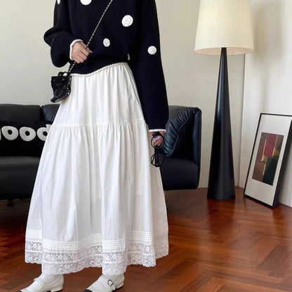 Lace Patchwork Skirts Aline Spring Summer Sweet Faldas Mujer Korean Long Skirt