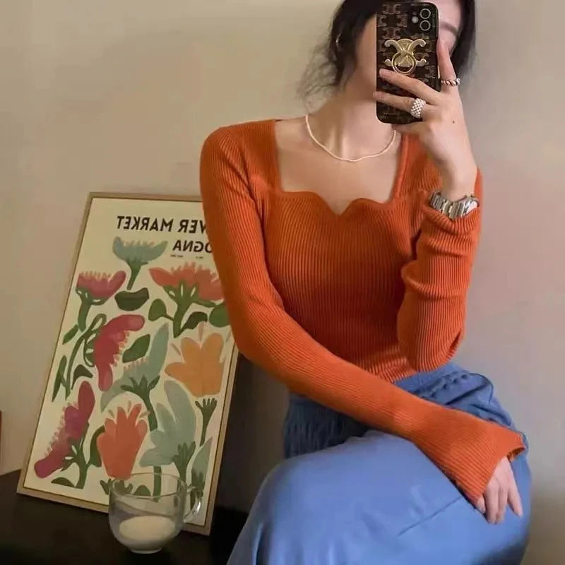 Knitted Pullovers Sweaters Autumn Winter Korean Slim Knitwear Square Collar All Match Jumpers New