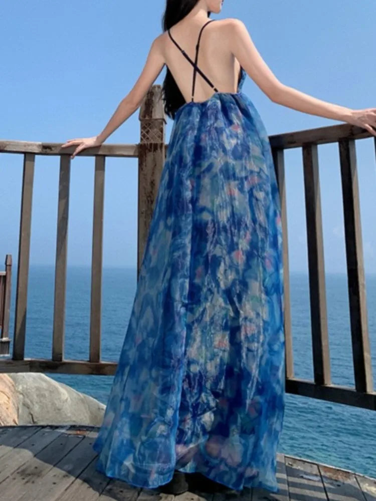 Summer Print Midi Dress Sleeveless Aline Maxi Vestidos Female Backless Long Robe New