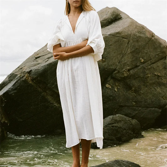 Beach Party Dress Summer Color Round Neck Tie Front Puff 3/4 Sleeve Loose Midi Dress Vacation Dresses