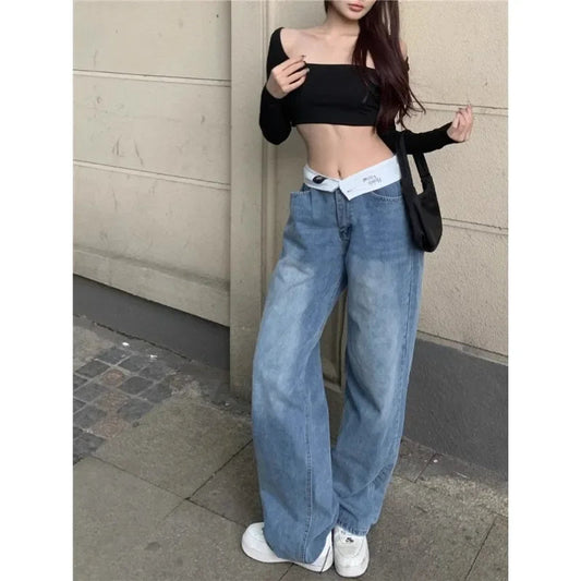 Distressed Patchwork Loose Jeans Summer New Low Waist Letter Printed Denim Wide Leg Pants