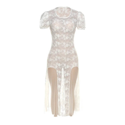 Y2k Fairycore See Through Lace Mesh White Dress Summer Retro Puffy Short Sleeve Long Dresses Coquette