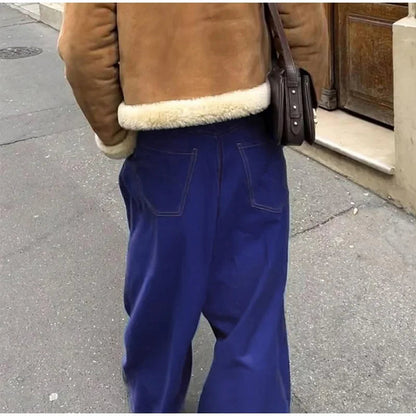 Wide Leg Pleated Pants for Loose High Waist Straight Striped Blue Street Pants Female Spring Street Trousers