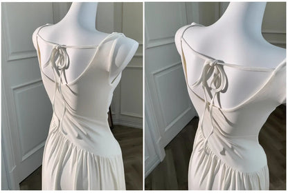 White Long Dresses Fairycore Slash Neck Inclined Shoulder Vestidos Summer Laceup Ruched Trumpet Dress