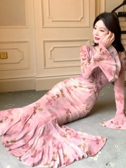 Mermaid Flare Sleeve Long Dresses Spring Summer Bodycon Pink Print Evening Club Vestidos Robe