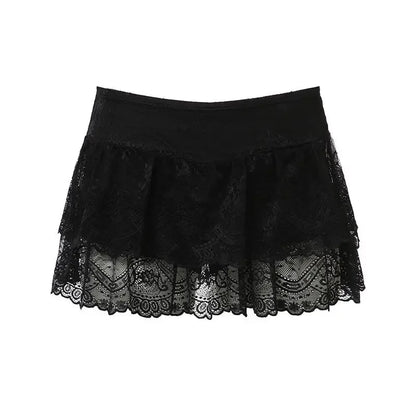 White Lace Hook Flower Ultra Short Mini Skirt for Summer Sweet Girl Anti Glare Low Waist Slimming Aline Short White Skirt