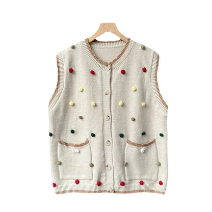 Autumn New Sweater Vest Chaleco Mujer Japanese Loose Cardigan Waistcoat Sweet Wave Point Knitwear Top