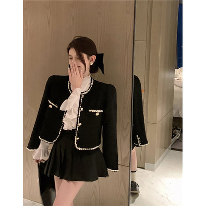 Tweed Jackets Black Cropped Suit Coat Korean Thicken Blazer Single Breasted Short Outerwear Tops New