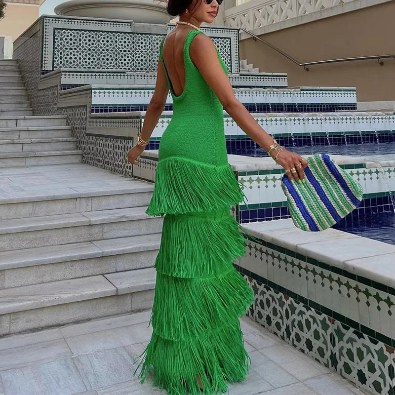 Backless High Waist Knitted Dresses Oneck Slim Tassel Dress Hollow Sleeveless Tight Long Dress