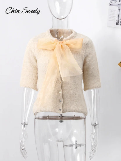 Mohair Knitted Short Sleeve Cardigan Lace Bow Single Breasted O-neck Slim Sweater Autumn Winter Lady Knitwear