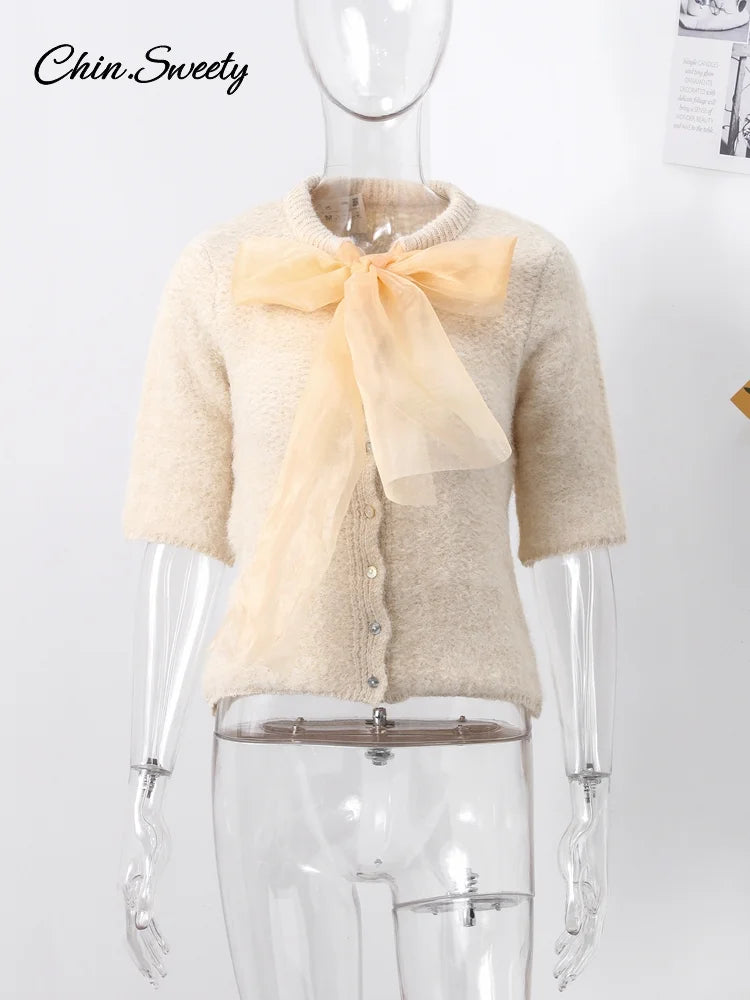 Mohair Knitted Short Sleeve Cardigan Lace Bow Single Breasted O-neck Slim Sweater Autumn Winter Lady Knitwear