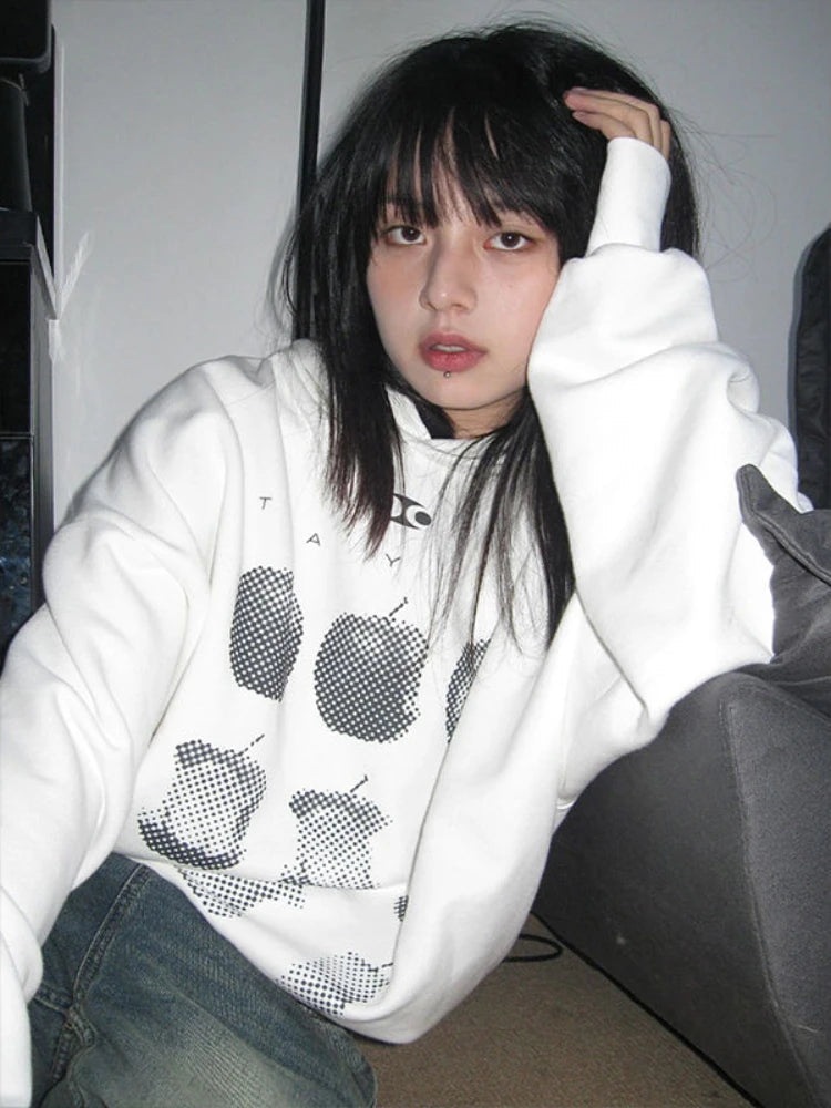 American Retro Fruit Print Hoodies High Street Apple Graphic Top Harajuku Oversized Design Aesthetics