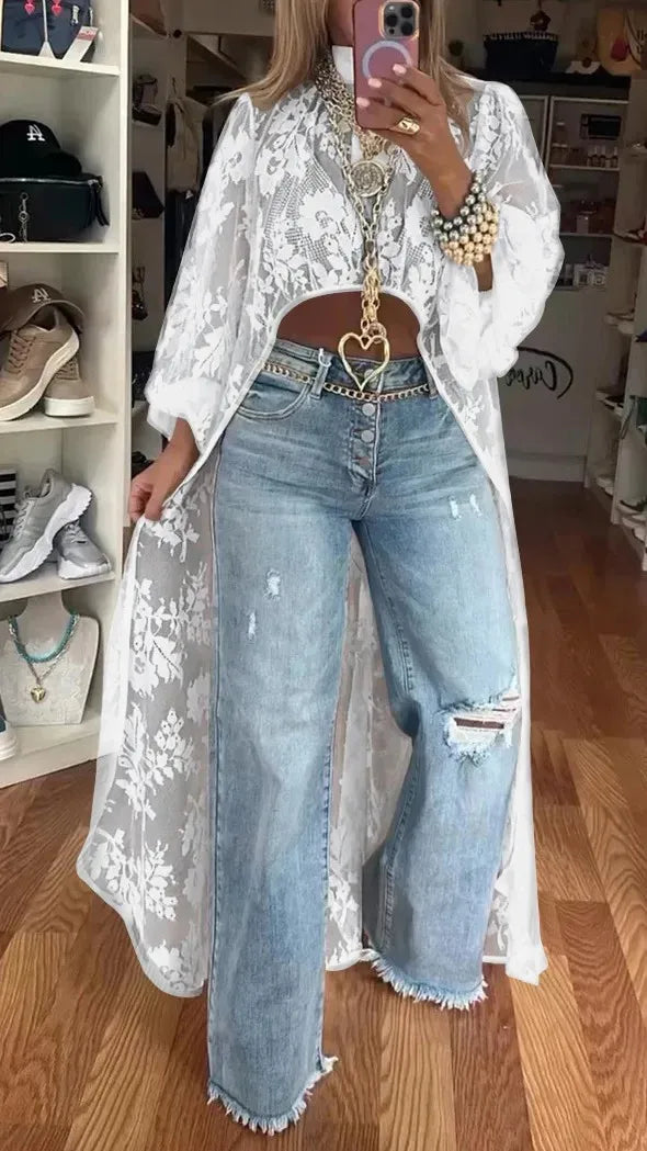 Lace High Neck Puff Sleeve Blouse