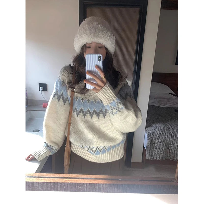 Print Sweater Japanese Harajuku Oversized Knitted Pullovers Winter Aesthetic Long Sleeve Jumpers Korean Knitwear