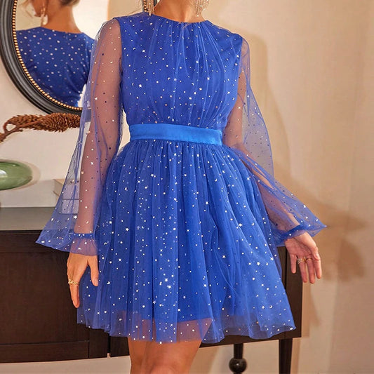 New Star Print Mesh Party Dress Long Sleeve Waist Bridesmaid Dresses Oneck Lantern Sleeves Mini Dress