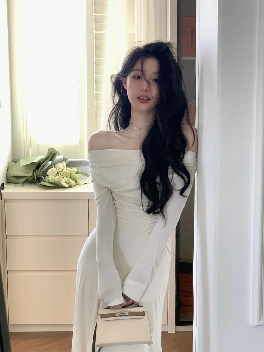 Off Shoulder Knit Midi Dresses Autumn Long Sleeve Pleated Dress Slim Evening Party Female Clothing