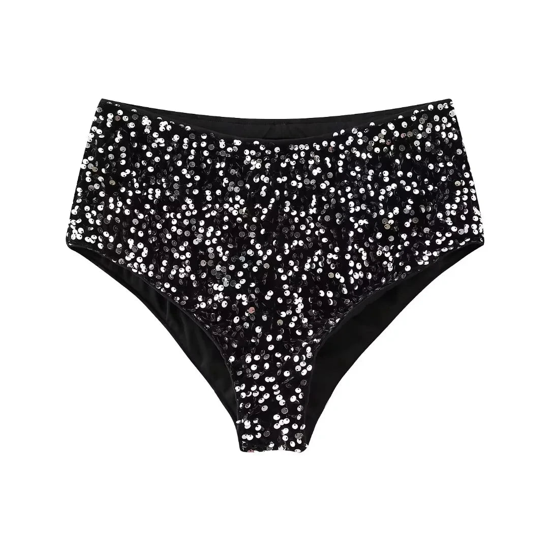 Sequins Shorts Spring Black Sparkling Party Shorts Elastic Waist Shorts