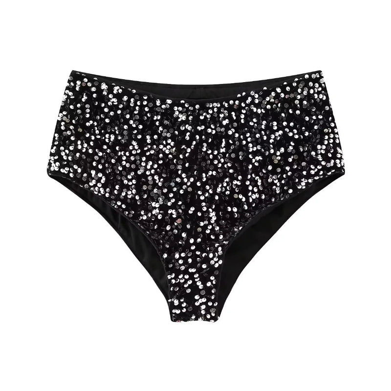Sequins Shorts Spring Black Sparkling Party Shorts Elastic Waist Shorts