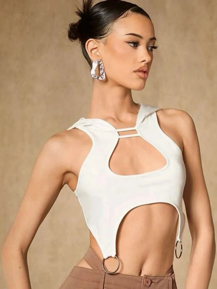 Hooded Tank Top Edgy Clothes Y2k Accessories Cut Out Sleeveless T-shirt White Corset Ropa Mujer Ring Decor