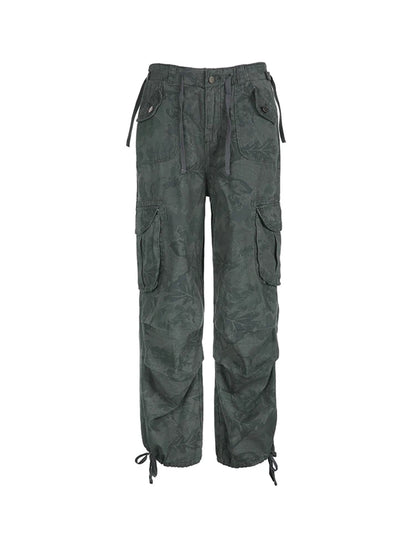 Print Camouflage Cargo Jeans Pockets Mid Waist Preppy Hippie Straight Denim Pants