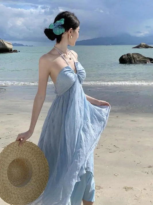 Blue Checkered Backless Halter Laceup Long Dresses Summer New High Waist Club Beach Vacation Pleated Sundress