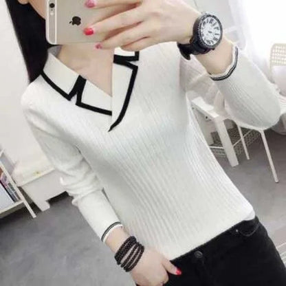 Autumn Winter Style Knitted Pullover Tops Lady V-neck Knitted Pullover Sweater Df4922