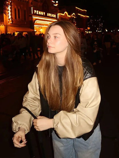 Pu Leather Patchwork Coat Lapel Long Sleeve Zipper Motorcycle Jacket Autumn Lady Street Short Outwear