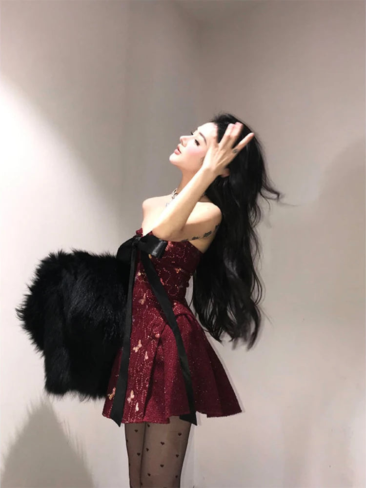 Dresses Strapless Bow Spring New Ball Gown Mini Dress Party Clubwear Backless Slim