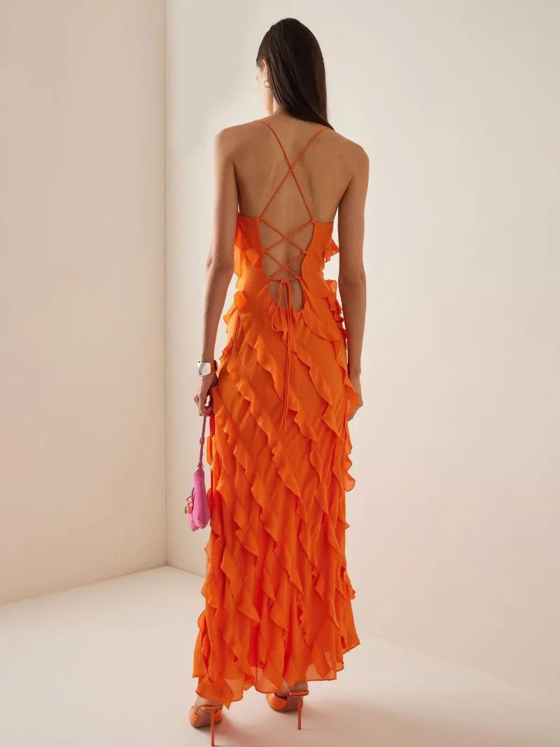 Long Dresses Spring Summer Strapless High Waist Backless Ruffles Bandage Formal Evening Party Dress