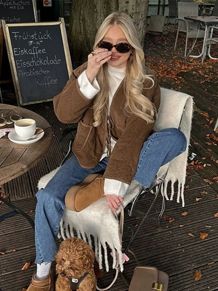 Brown Quilted Padded Suede Coat Long Sleeve Lace Up Cropped Jacket Autumn Winter Lightweight New in Outerwears