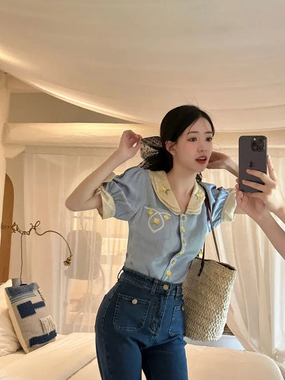 Blue Embroidered Shirts Lapel Sweet Temperament Blouses Y2k Clothing New Korean Blusa Mujer Moda