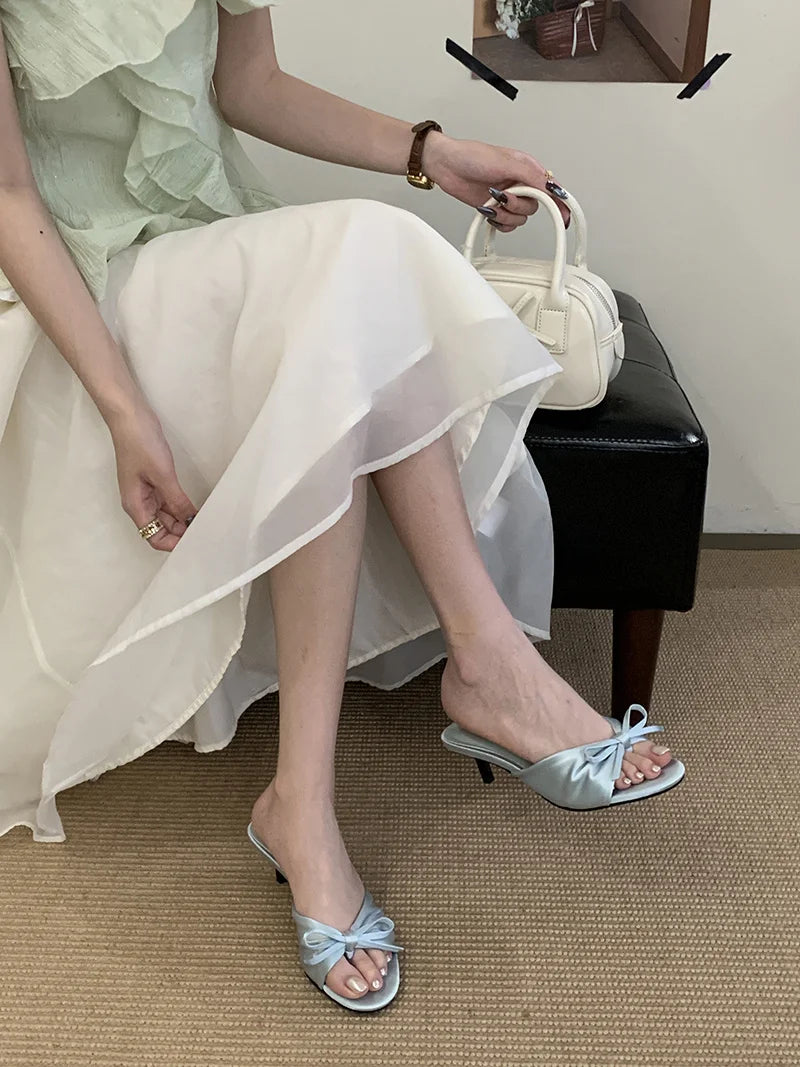 Summer Silk Butterfly Knot Slippers Sandals Shallow Open Toe Thin Low Heels Mules Slides Shoes Zapatos Mujer