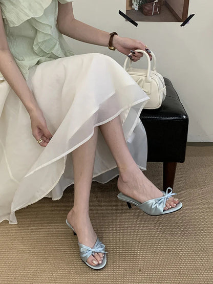 Summer Silk Butterfly Knot Slippers Sandals Shallow Open Toe Thin Low Heels Mules Slides Shoes Zapatos Mujer